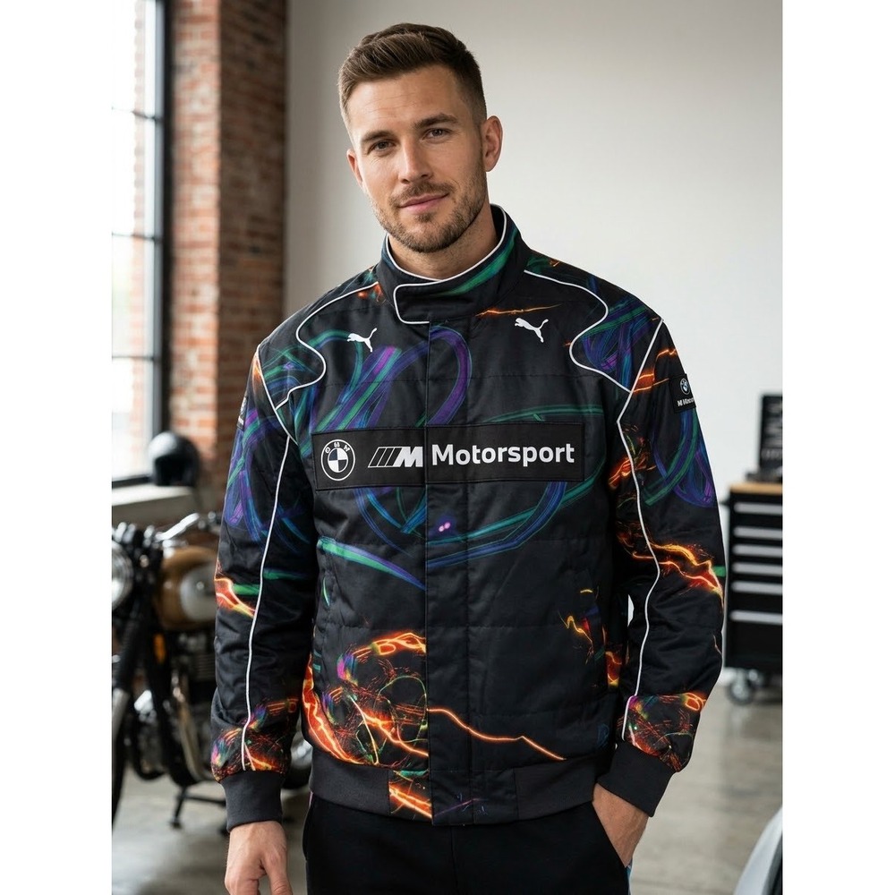 Puma BMW M Motorsport Racer Bomber Jacket Black Neon Print Mens Large 633178 01